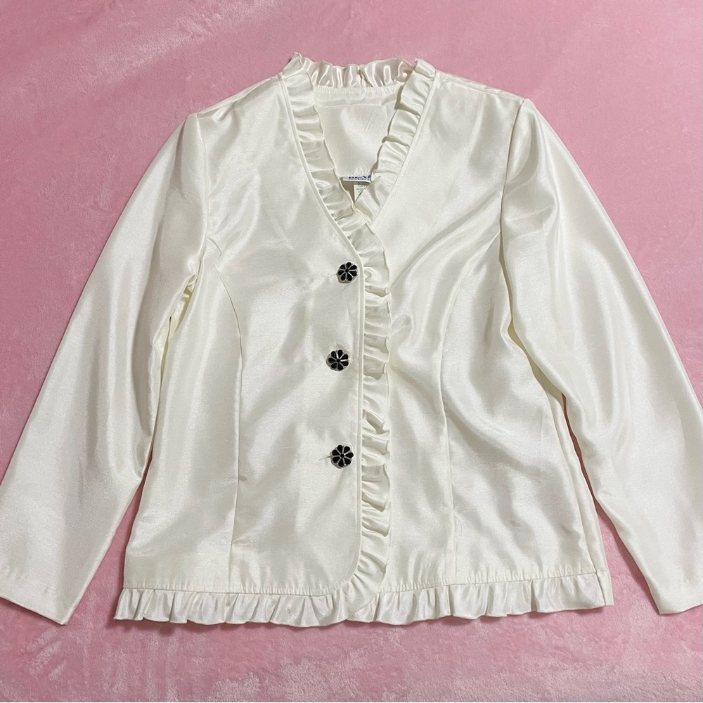 Women’s Vintage Beige Satin Ruffle Jacket Blouse Size Large